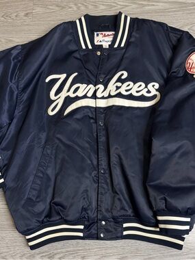 Majestic New York Yankees Satin Bomber Jacket Men's Sz XXL Navy Blue Snap VTG